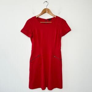 THEORY Red Dress Womens 2 Holiday Quiet Luxury Christmas Party Fit Flare Pockets